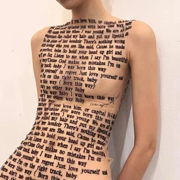 Nude/Light Beige Lady Gaga Born This Way Lyrics Letter Print Sleeveless Mesh Top - Picture 2 of 4